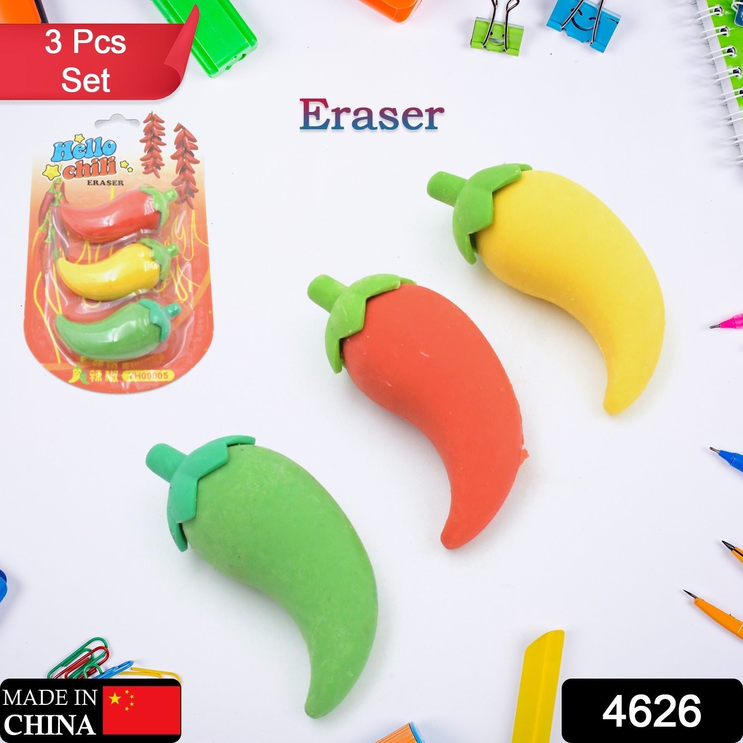 4626 3D Fancy & Stylish Colorful Chili Shape Erasers, Mini Eraser Creative Cute Novelty Eraser for Children Eraser Set for Return Gift, Birthday Party, School Prize, (3 pc Set) 4626 3D Fancy & Stylish Colorful Chili Shape Erasers, Mini Eraser Creative Cute Novelty Eraser for Children Eraser Set for Return Gift, Birthday Party, School Prize, (3 pc Set)